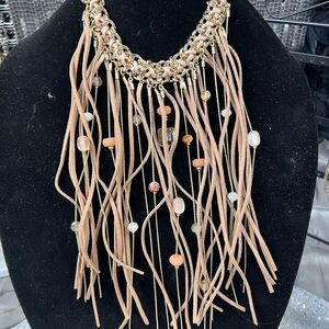 Chico's Gold Tan Statement Necklace with Fringe